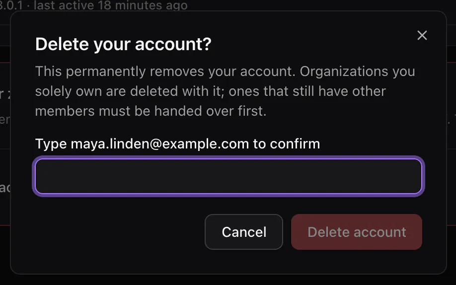 The Delete your account dialog: what happens to your organizations, a box for your email address, and the Delete account button, still disabled.