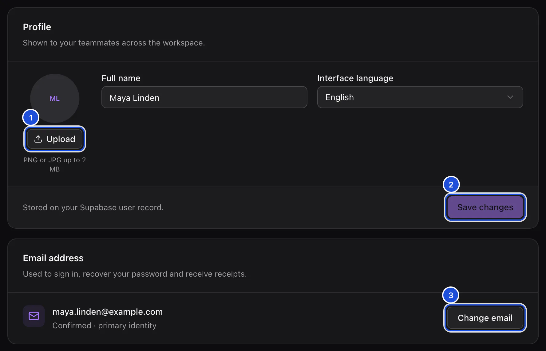 The top of the account page: the Profile card with Maya Linden's initials, her full name and the interface language, then the Email address card.