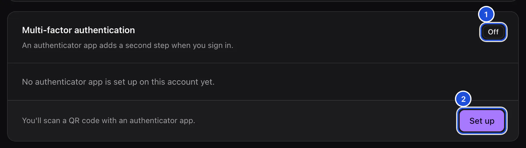 The Multi-factor authentication card, switched off, with the Set up button.