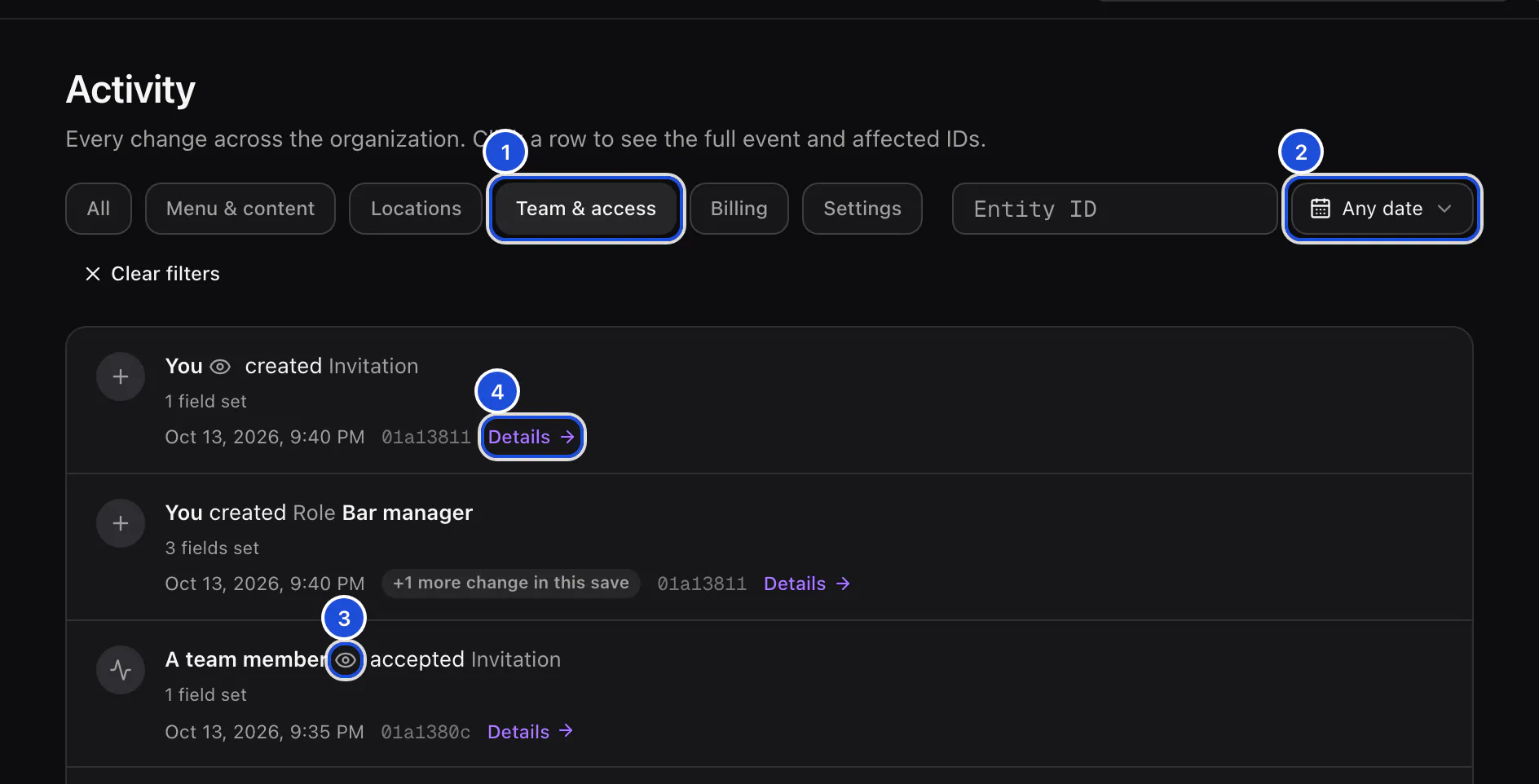 The Activity page filtered to Team & access: a role and invitations created by you, an invitation accepted by a team member, each with its time and a Details link.