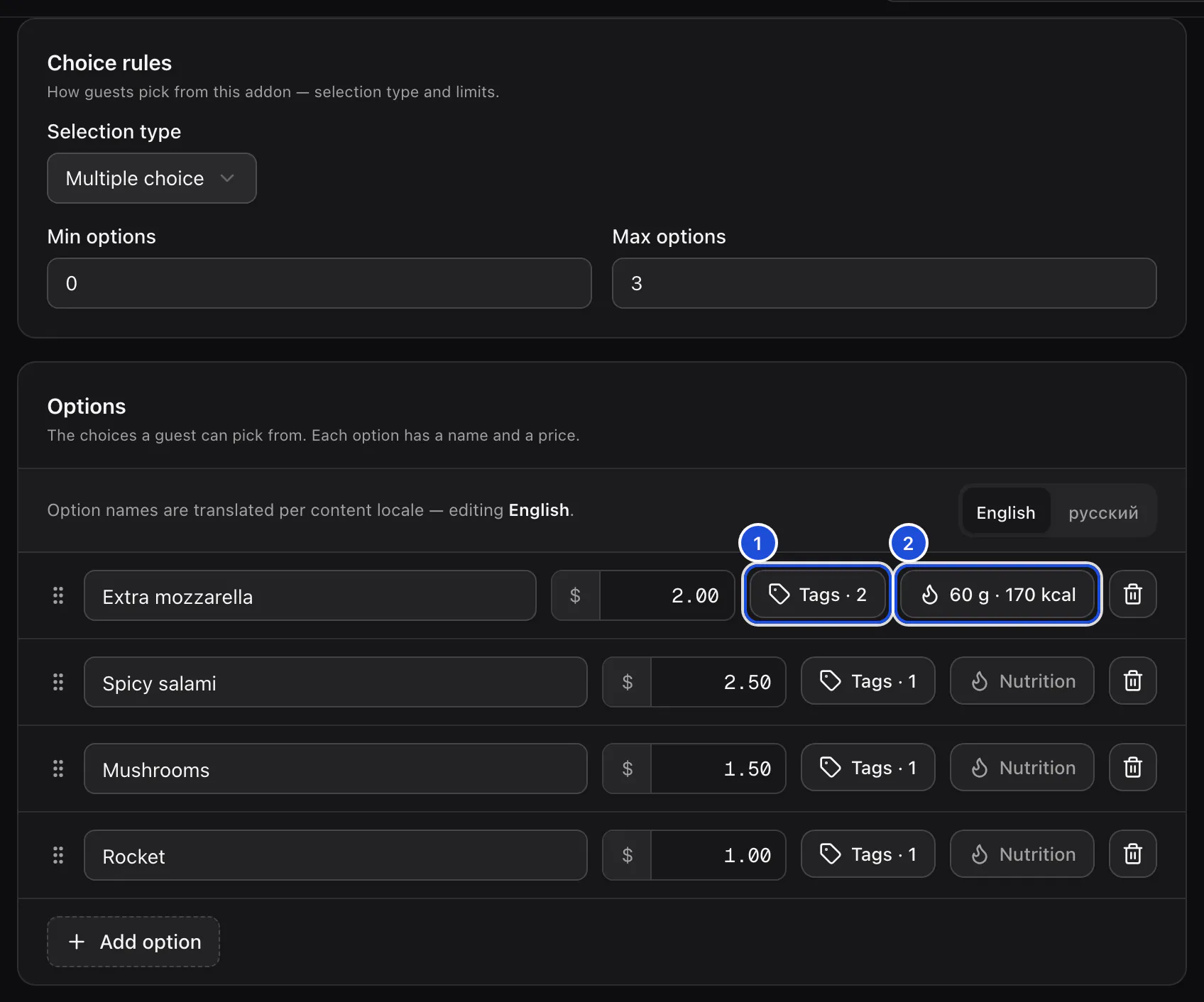 The add-on form: Choice rules with Multiple choice, minimum 0 and maximum 3, and the options with their names, prices, Tags and Nutrition buttons.