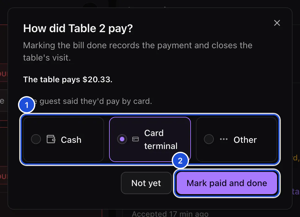 The dialog for table 2's bill: what the table pays, the guest's wish to pay by card, and the payment methods.