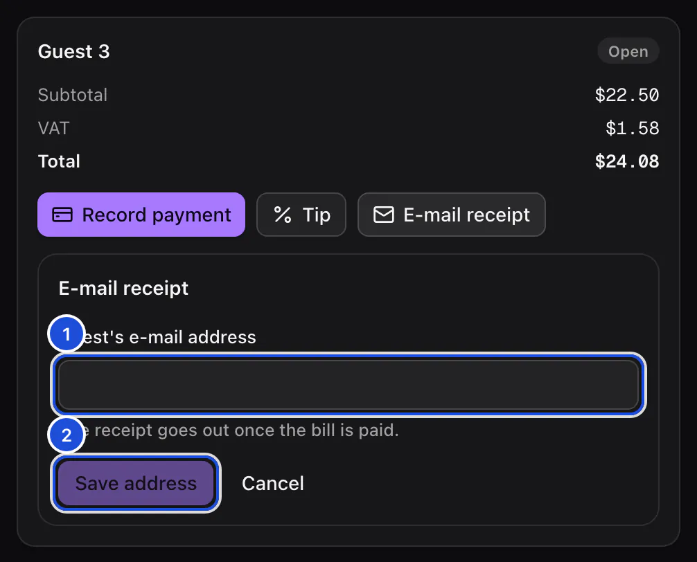 Guest 3's bill at table 4 with the receipt form open: the guest's email address and the button that saves it.