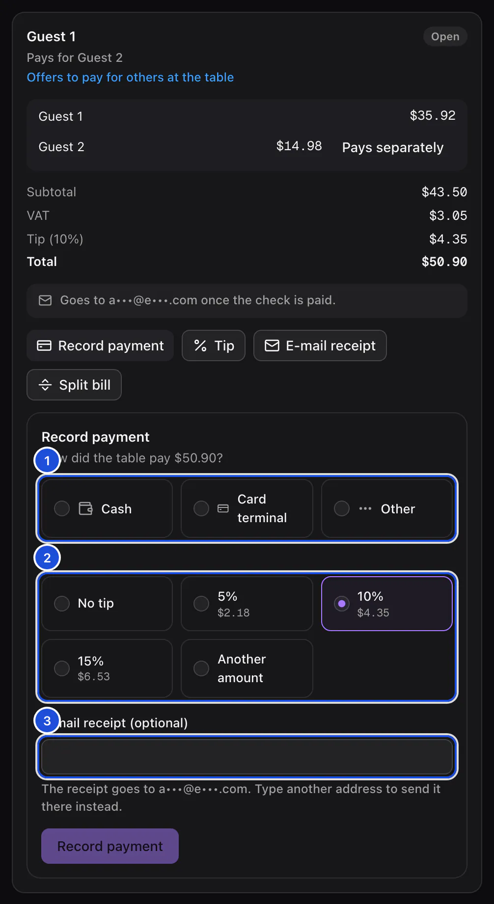 Table 4's bill for Guest 1 and Guest 2 with the payment form open: the method, the tip and the receipt address.