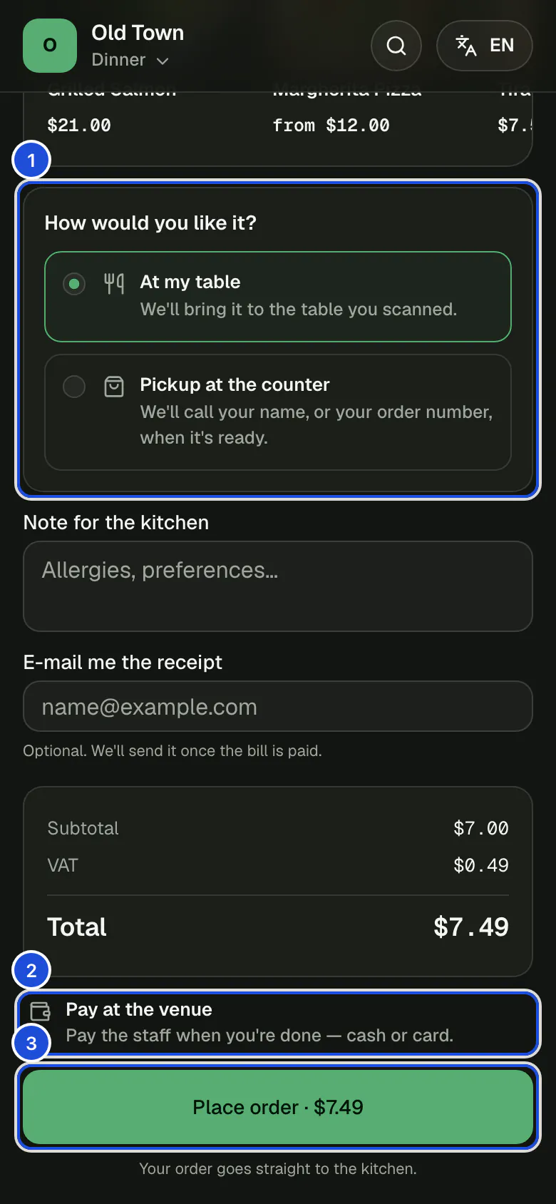The order page at table 11: one dish, the choice between the table and pickup, the receipt address, the total and the button that sends the order.