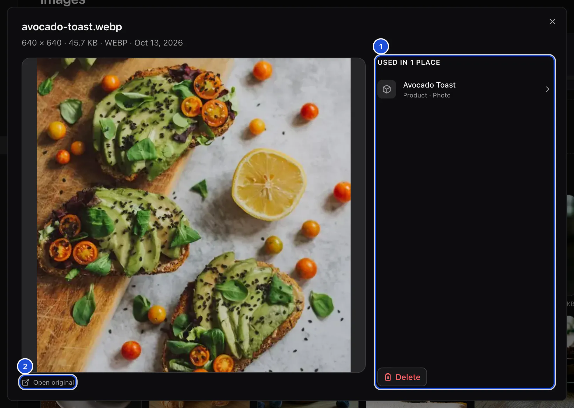 An image opened from the library: the photo, its file name and size, and the dish it is used for.