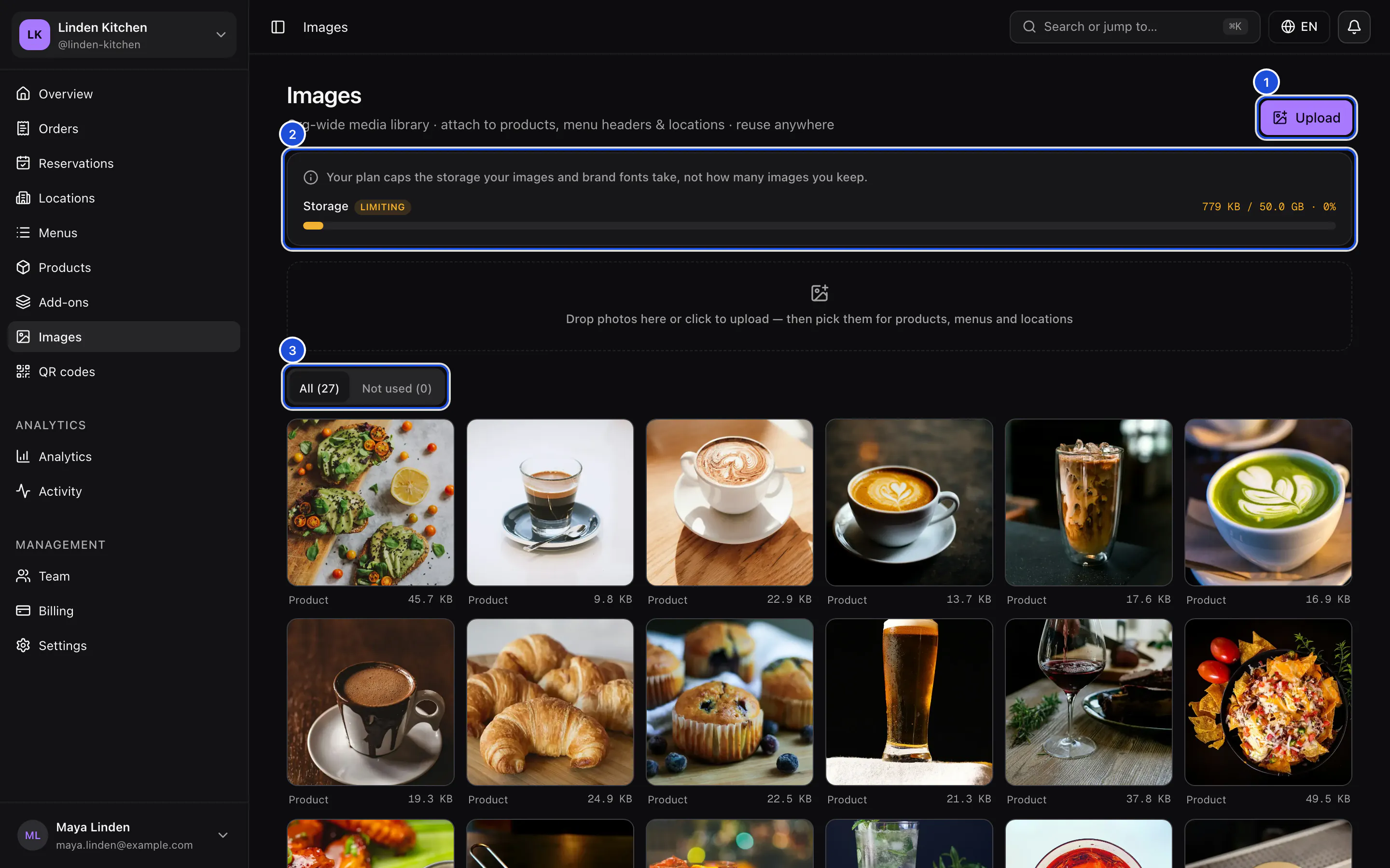 The Images page: the Upload button, the storage meter, the drop zone, and a grid of dish photos.
