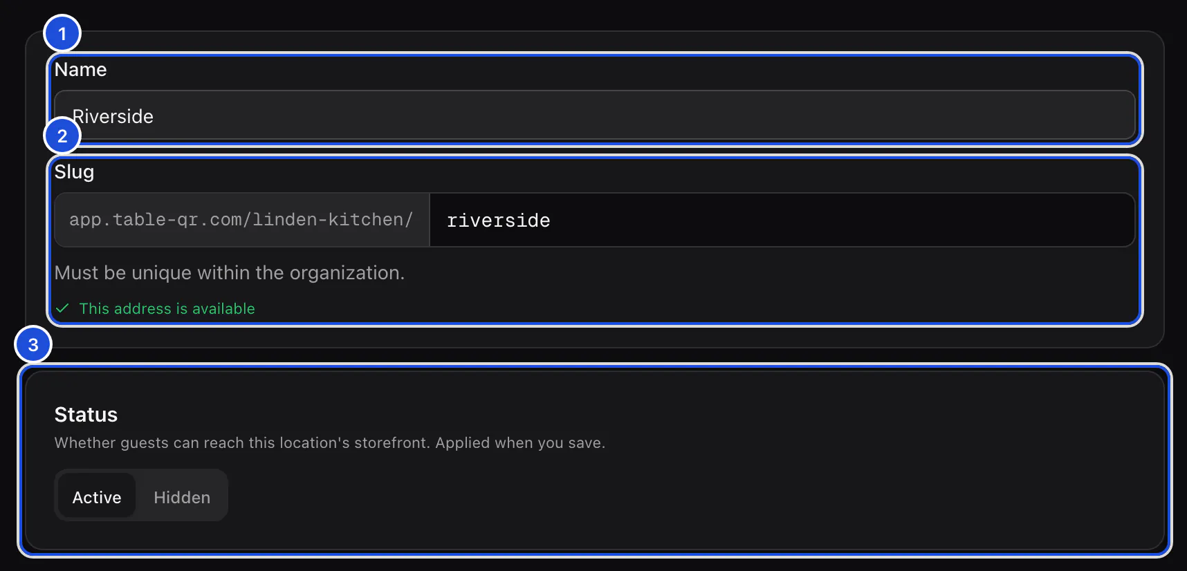 The top of the New location form: the name Riverside, its link filled in and marked as available, and the status set to Active.