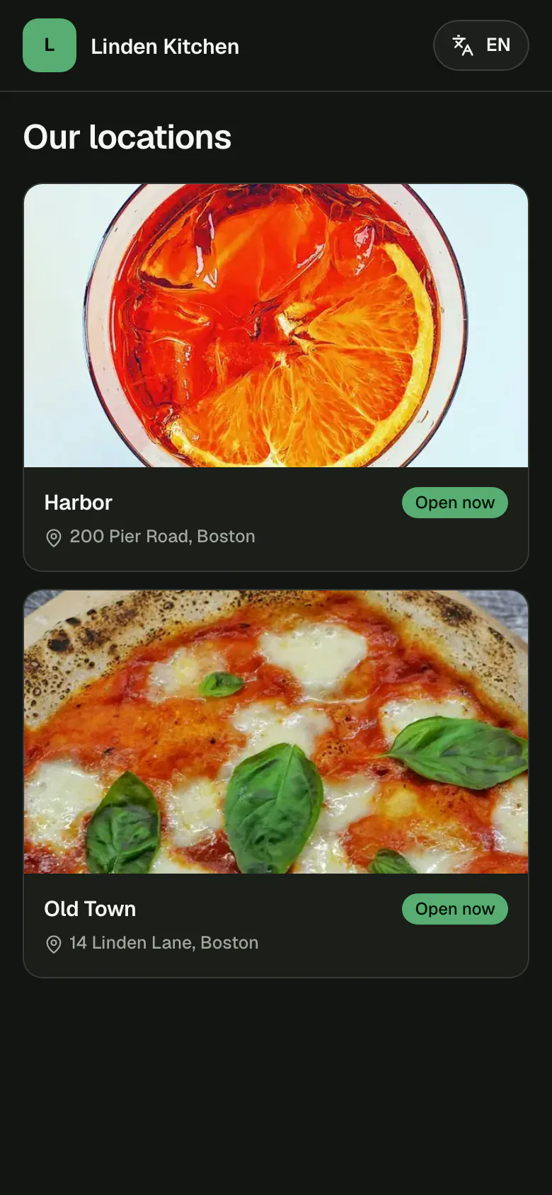 The list of Linden Kitchen's locations on a phone: Harbor and Old Town, each with its photo, its address and whether it is open now.