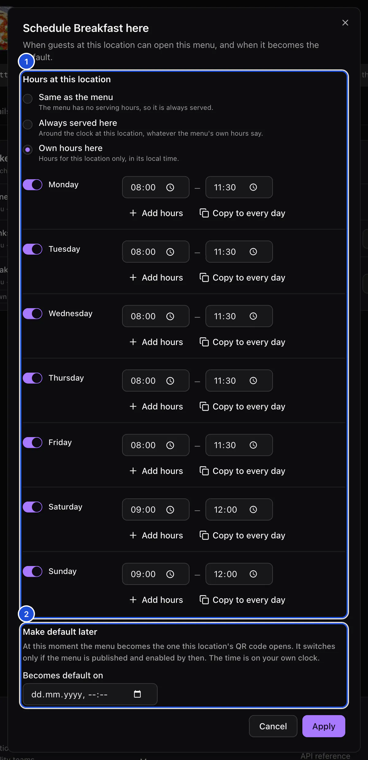 The schedule window for Breakfast at Old Town: own hours here, served from 8:00 to 11:30 on weekdays and from 9:00 to noon at weekends, and the field to make it the default later.