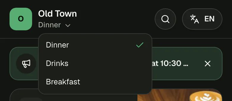 Old Town's guest menu on a phone: under the venue's name, the menu switcher is open with Dinner ticked and Drinks and Breakfast below it.