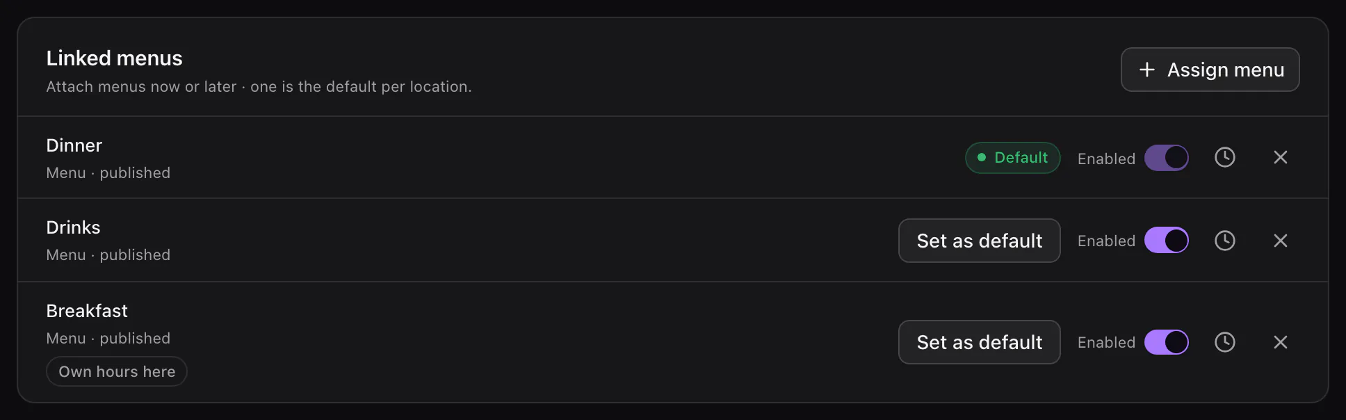 A location's Menus tab: Dinner is the default, Drinks and Breakfast are served beside it.