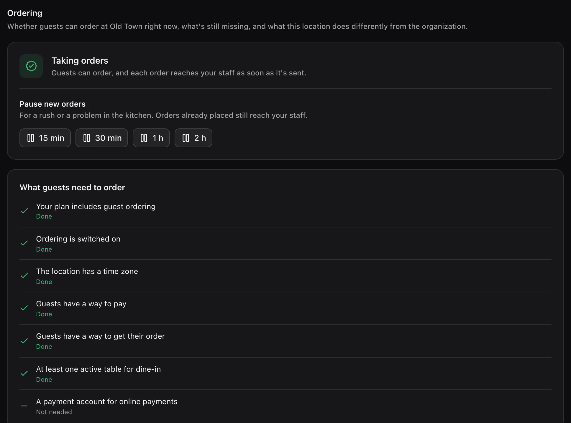 A location's Ordering tab: taking orders, the pause buttons and a readiness checklist with every item done.