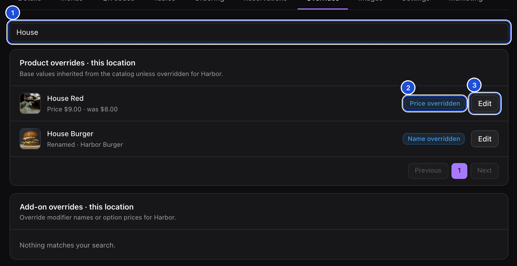 Harbor's Overrides tab searched for House: House Burger renamed Harbor Burger, House Red at 9 dollars instead of 8.