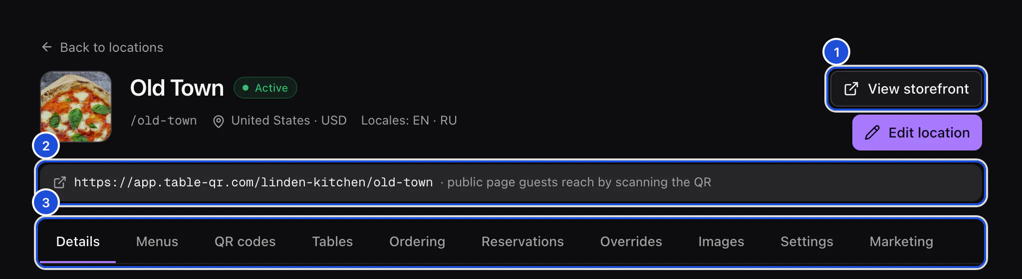 The top of Old Town's page: its photo, name and status, its link, country, currency and languages, the address guests reach, and the row of tabs.