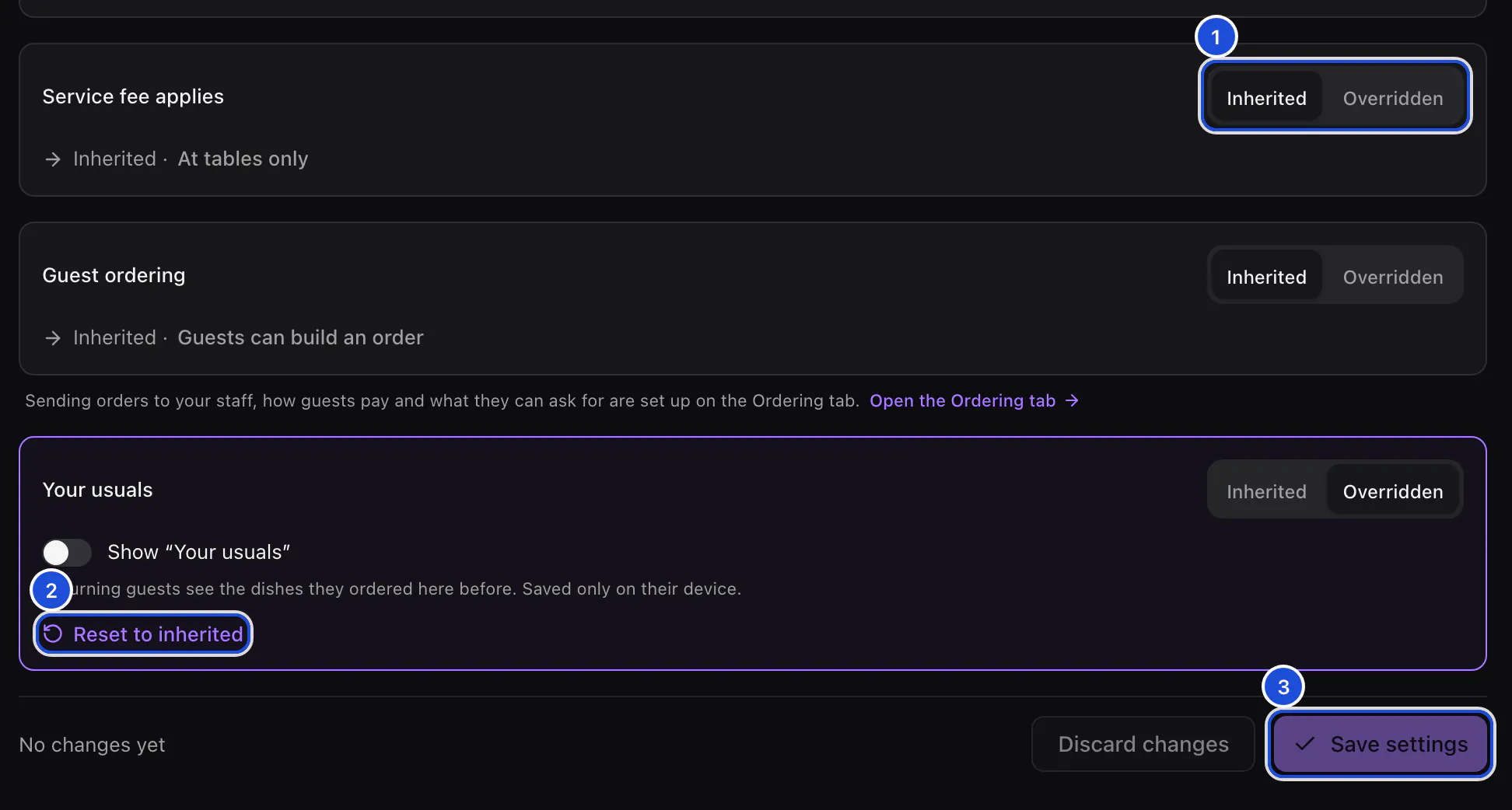 The lower part of Harbor's Settings tab: where the service fee applies and guest ordering follow the organization, Your usuals is overridden and switched off, and the save bar.