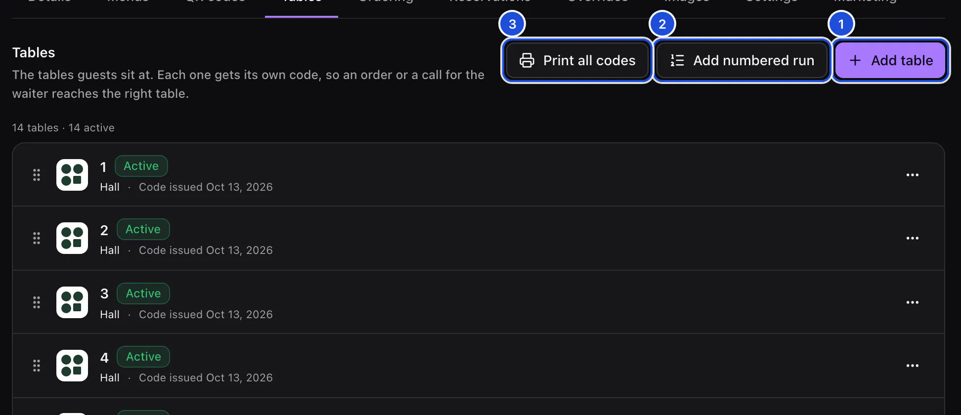 A location's Tables tab with its first tables and their codes.
