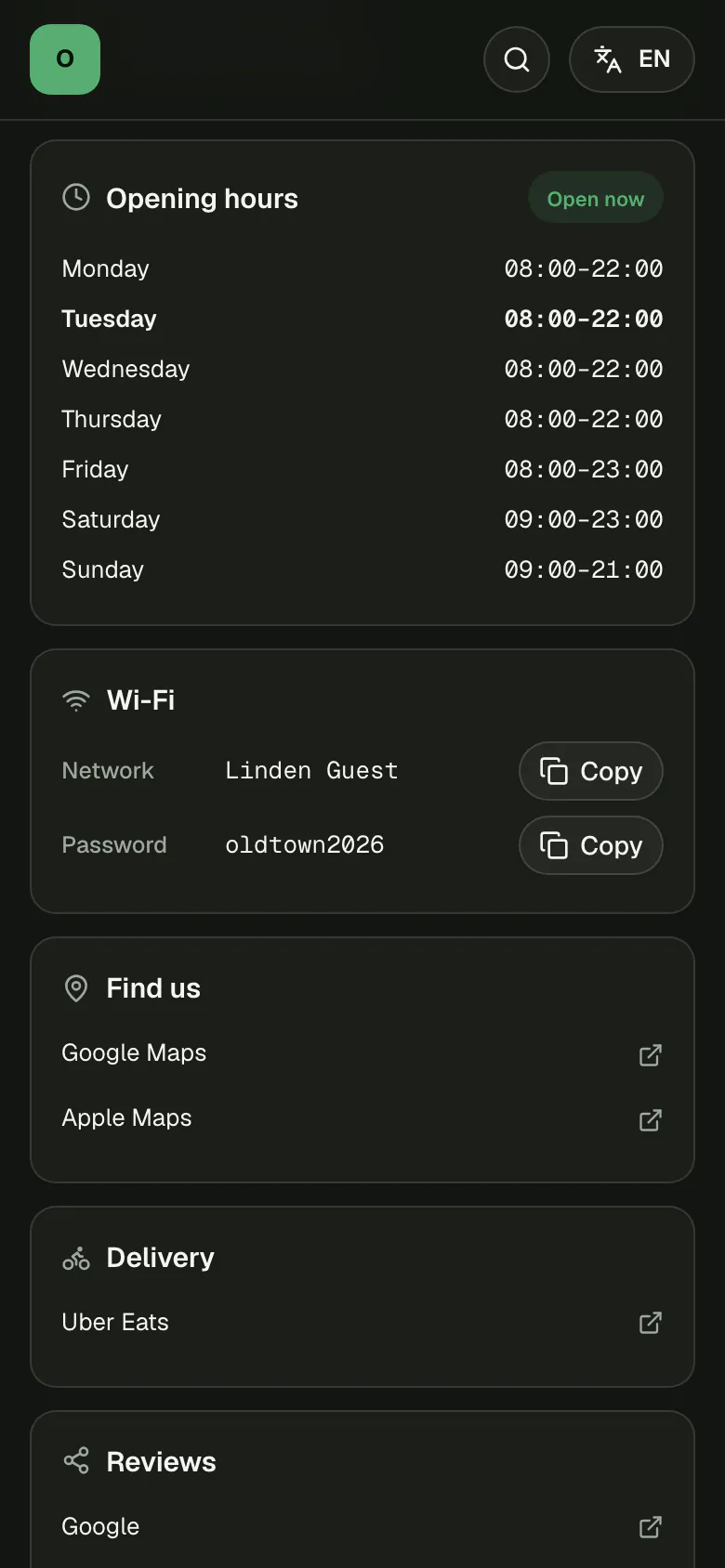Further down Old Town's venue page: the opening hours with today marked, the guest Wi-Fi with copy buttons, and the map, delivery and review links.