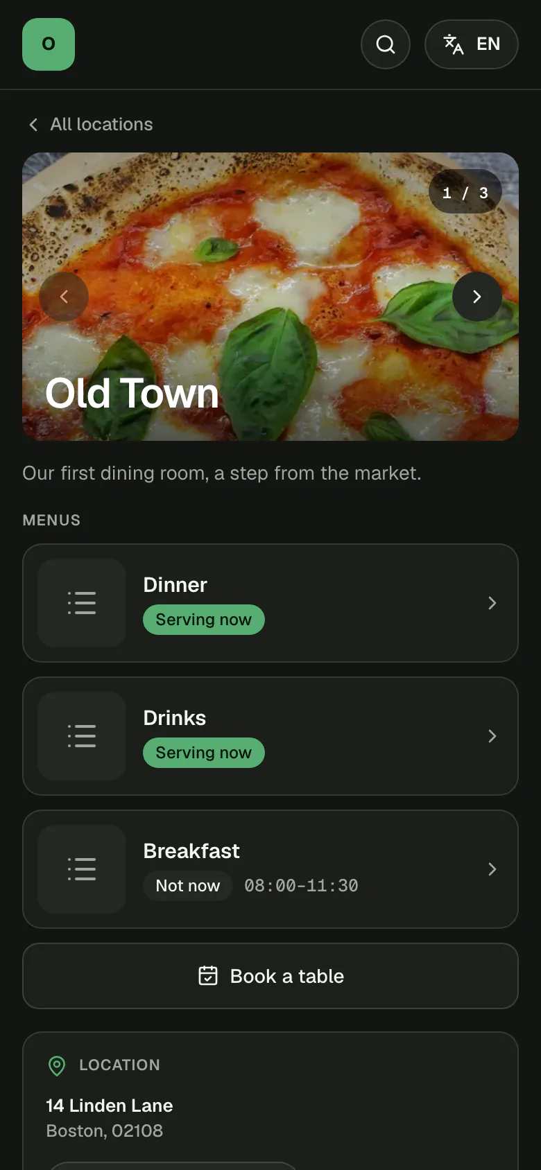 Old Town's venue page on a phone: a photo of a pizza, the venue's name and a line about it, and a card for each of its three menus with today's hours.