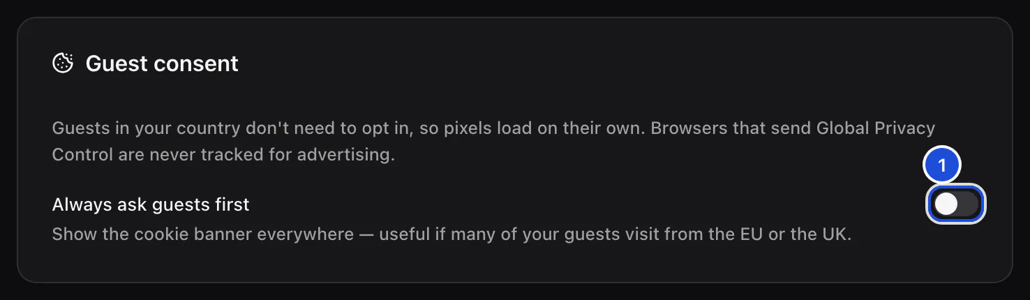 The Guest consent card: guests in the organization's country don't need to opt in, and asking every guest is switched off.