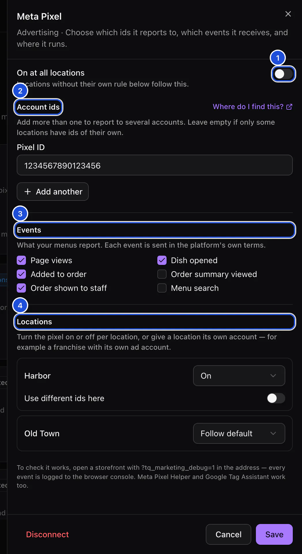 The Meta Pixel settings: off by default, one pixel id, four events ticked, on at Harbor and following the default at Old Town.