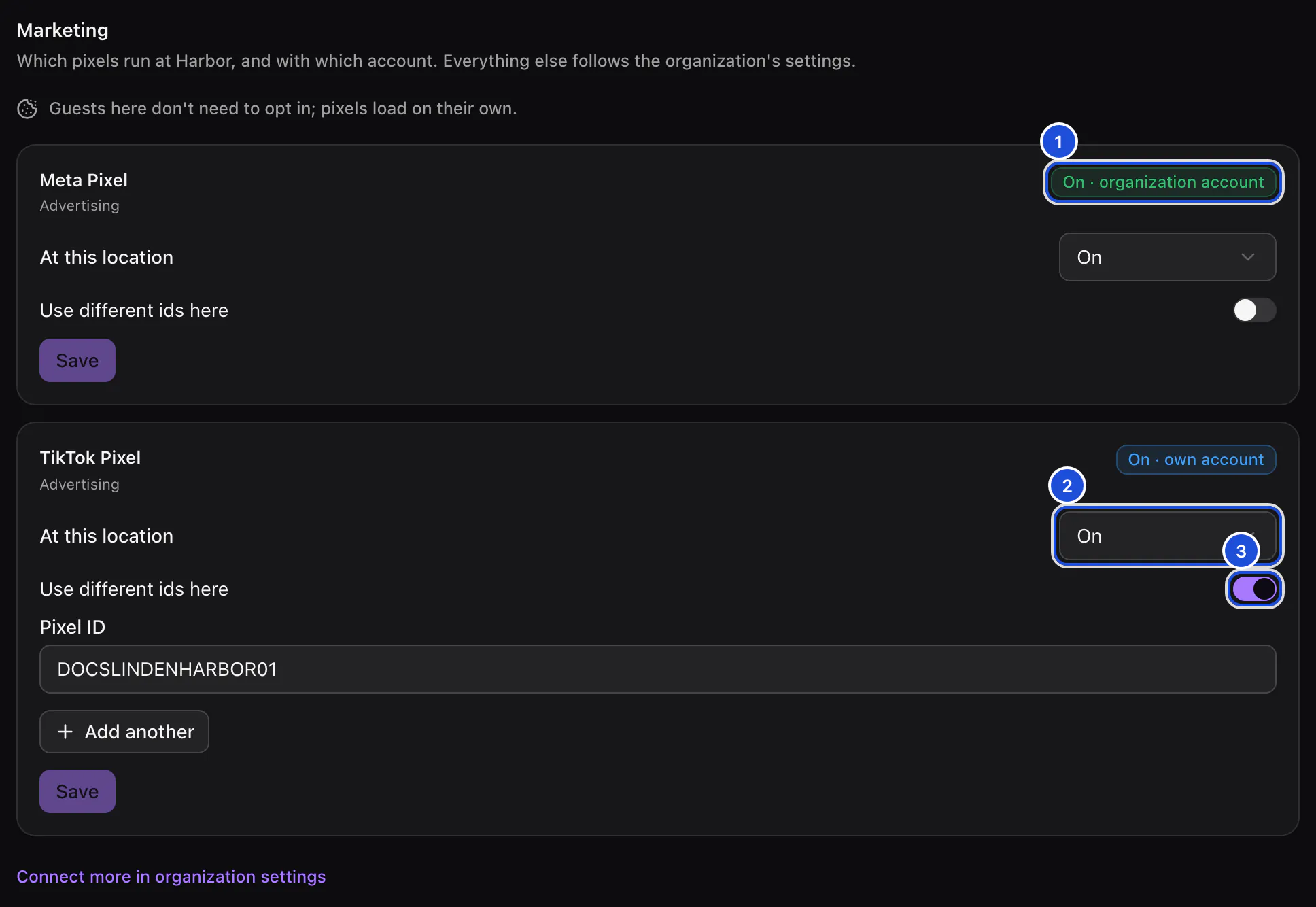 Harbor's Marketing tab: Meta Pixel on with the organization's account, TikTok Pixel on with Harbor's own pixel id.