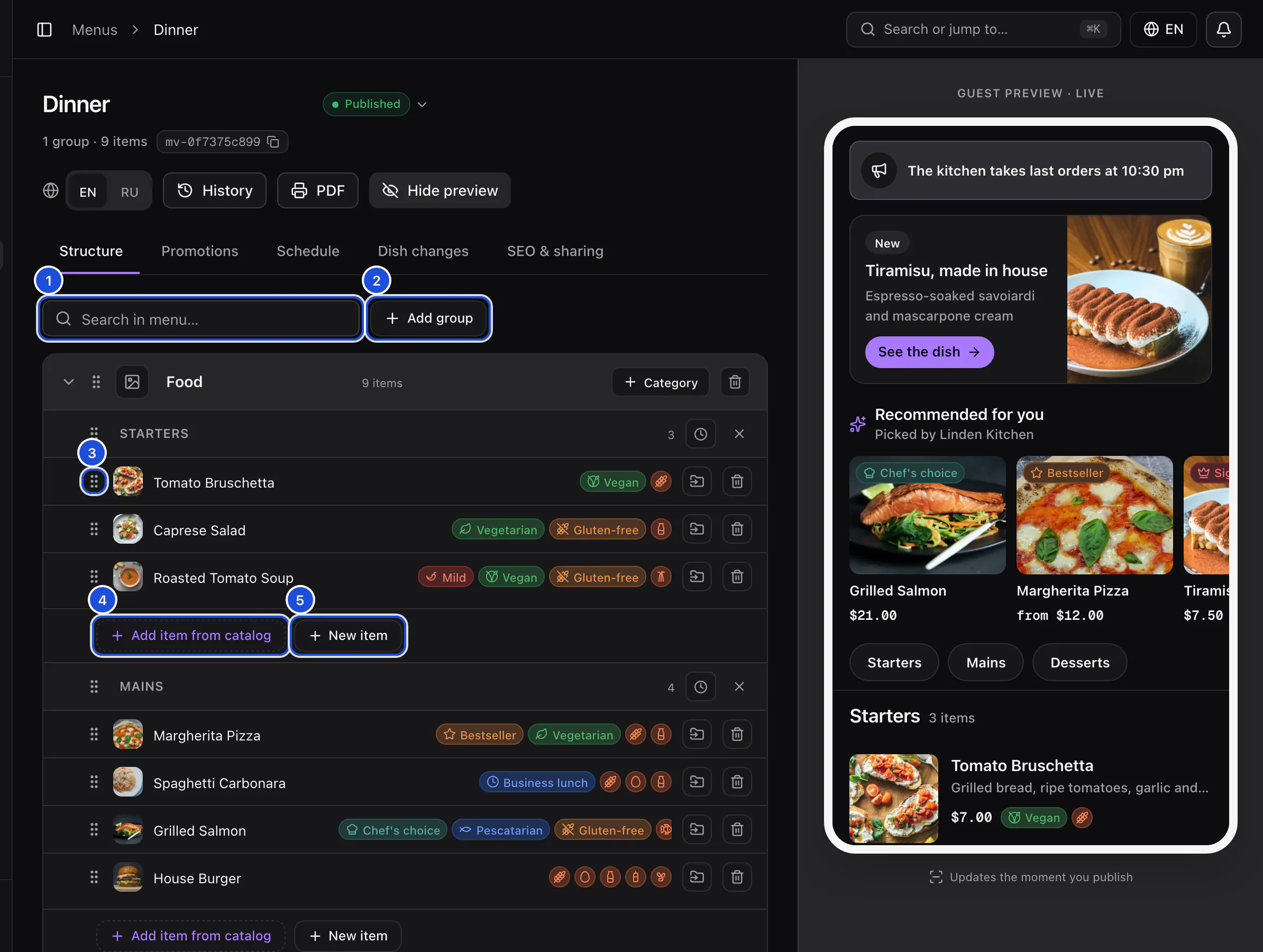 The Dinner menu in the builder: the Food group with its Starters and Mains categories and their dishes, and the guest preview on the right.