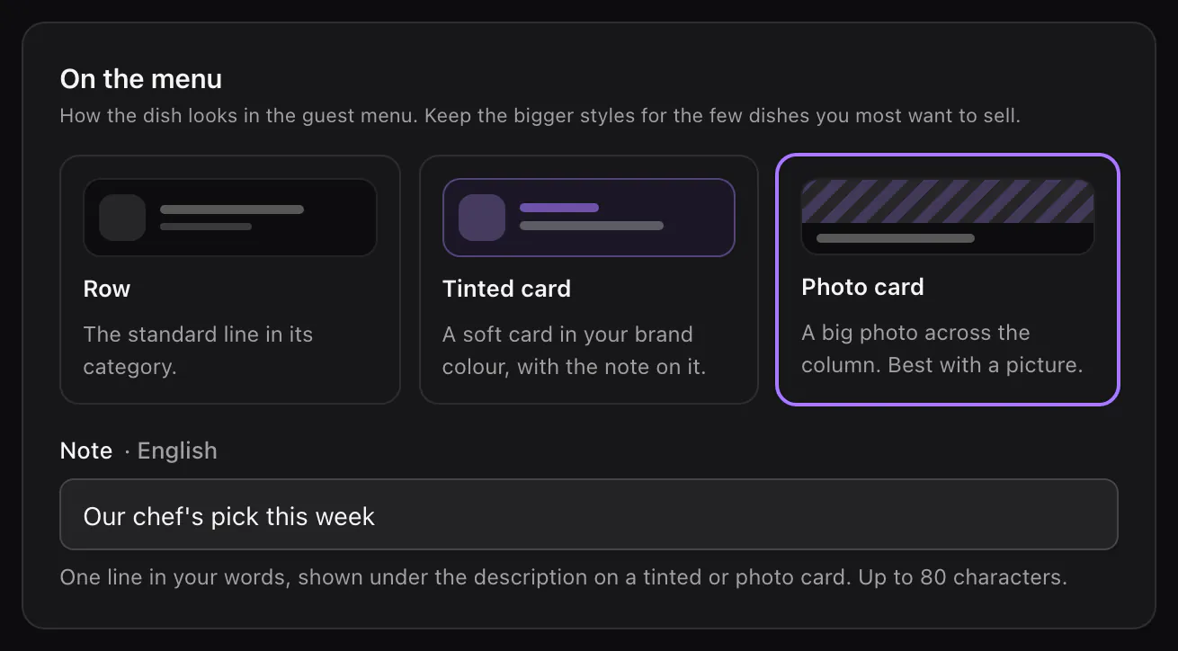 The On the menu section of a dish: Photo card chosen, with the note Our chef's pick this week.