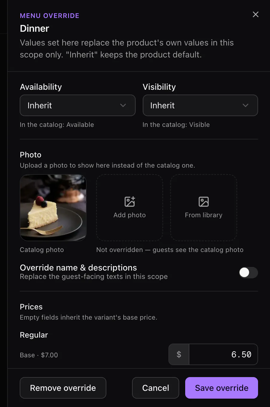 The Dinner menu's override of Baked Cheesecake: availability and visibility inherited, the catalogue photo, and a price of its own on this menu.