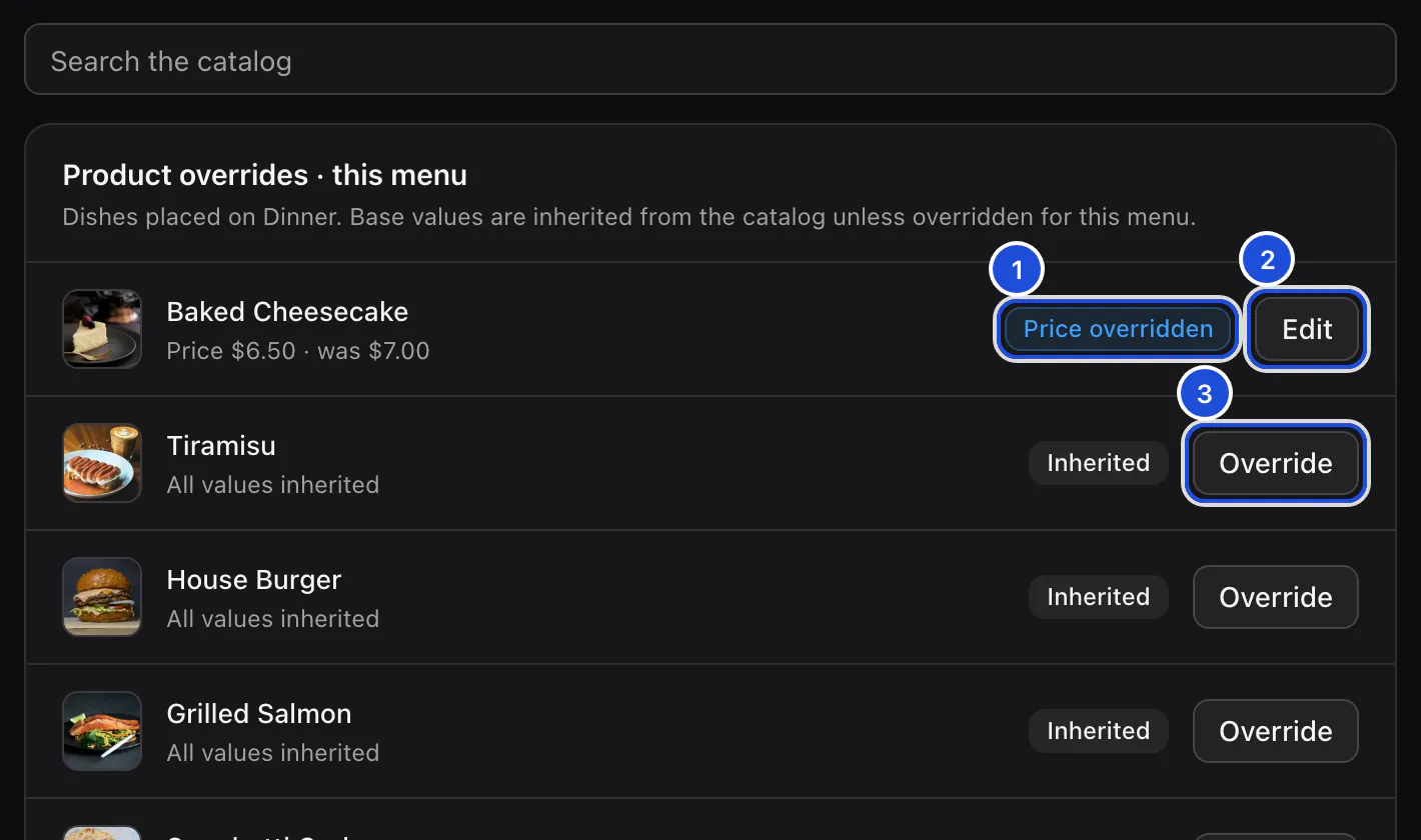 The Dish changes tab of the Dinner menu: Baked Cheesecake has its own price on this menu, the other dishes inherit everything.