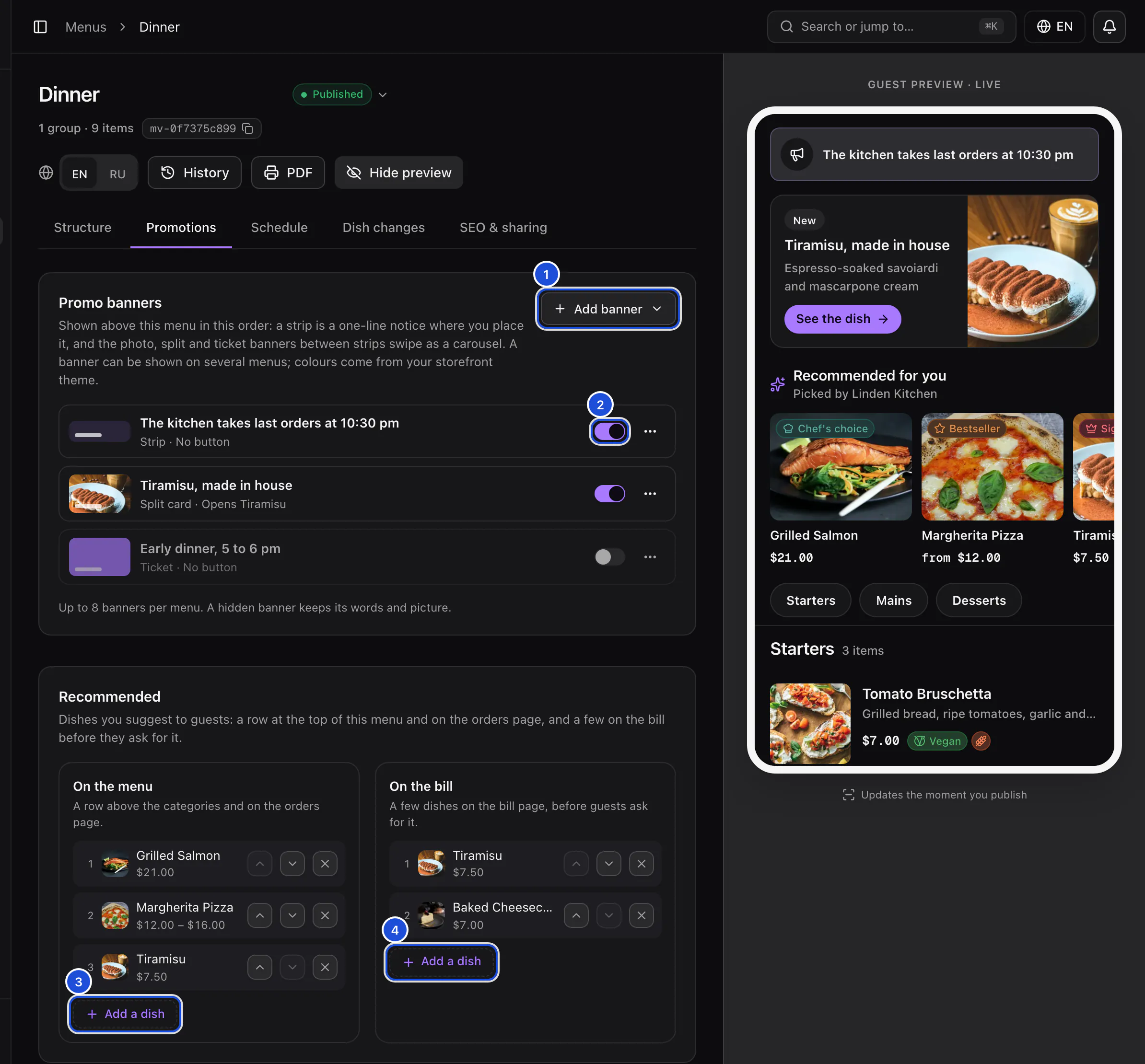 The Promotions tab of the Dinner menu: three banners, one of them hidden, recommended dishes on the menu and on the bill, and the guest preview showing the banners and the recommended row.