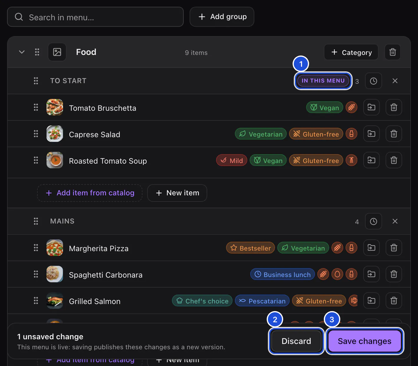A published menu with one unsaved change: a category renamed for this menu, and the save bar with Discard and Save changes.
