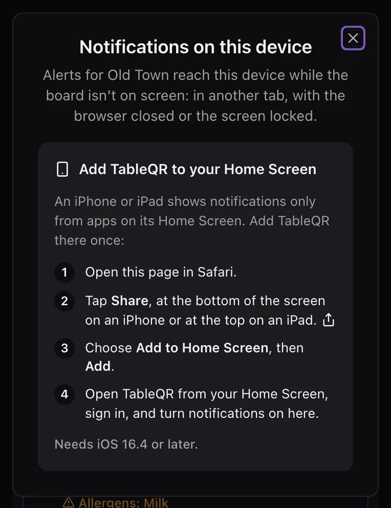 On an iPhone in Safari, the window explains how to add TableQR to the Home Screen.