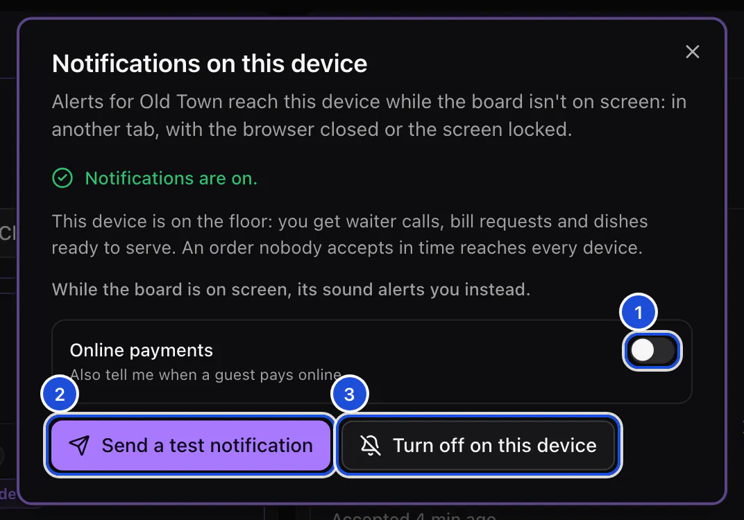 The Notifications on this device window with notifications on, the online payments switch and the test button.
