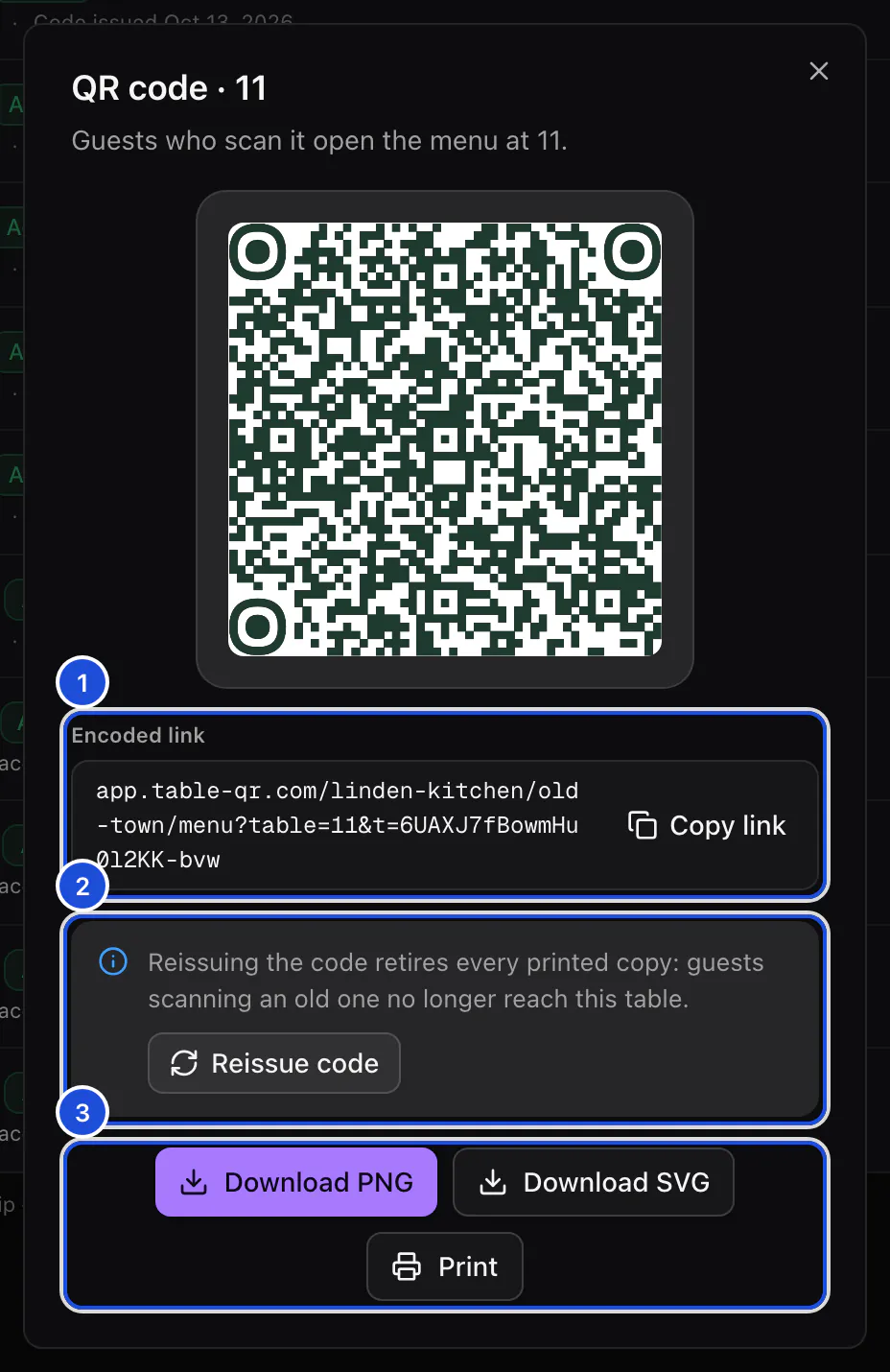 The QR code of table 11, with the link it opens and the buttons to download, print or reissue it.