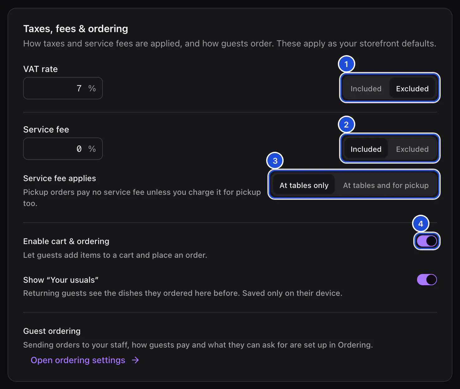 Organization settings, Taxes and tips: the VAT rate, the service fee and who pays it, and the cart switch.