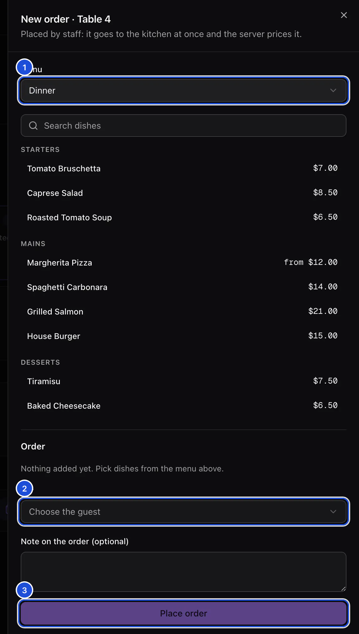 A new order for table 4: the Dinner menu with its dishes, who the order is for and the button that places it.