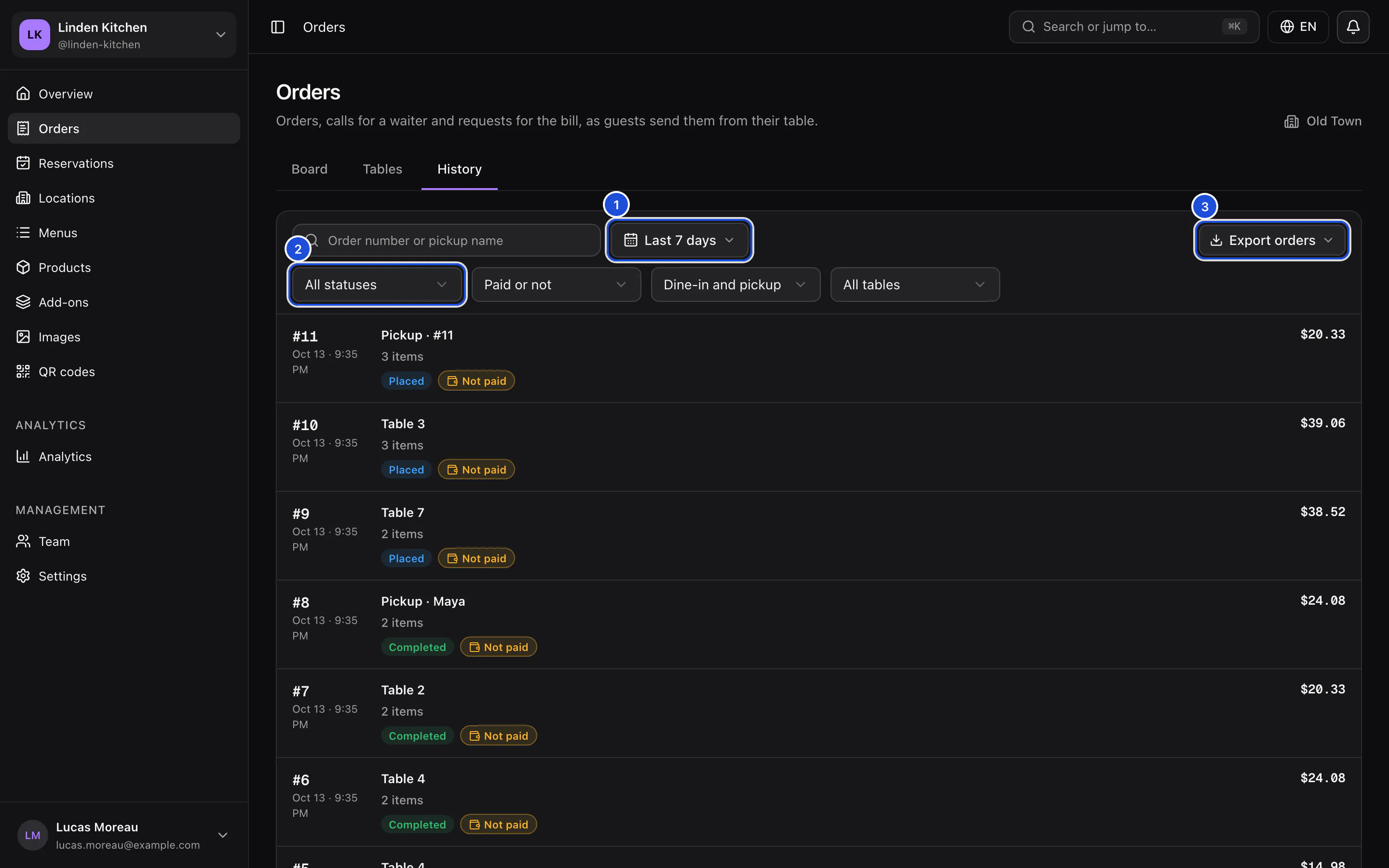 The History view at Old Town: the search, the dates, the filters and the export button above today's orders with their tables, totals, statuses and payment.