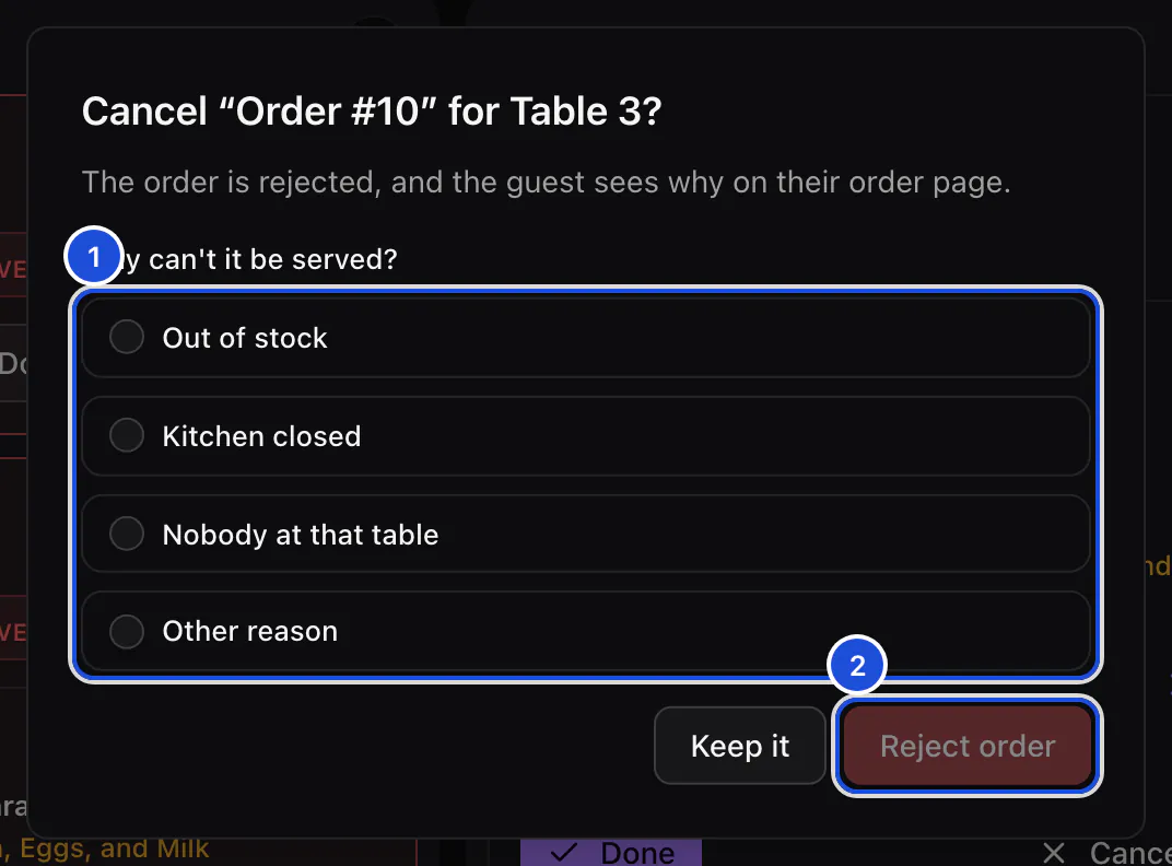 The dialog for rejecting table 3's order: the reasons the guest can be given, and the button that rejects it.