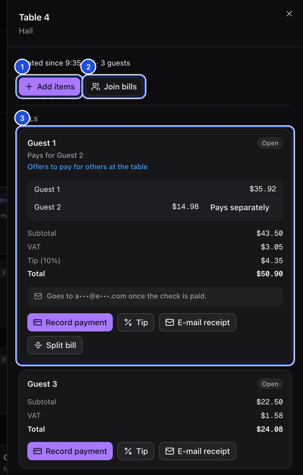 Table 4 opened: three guests, Guest 1 paying for Guest 2 with a tip, Guest 3 paying alone, and the buttons for each bill.