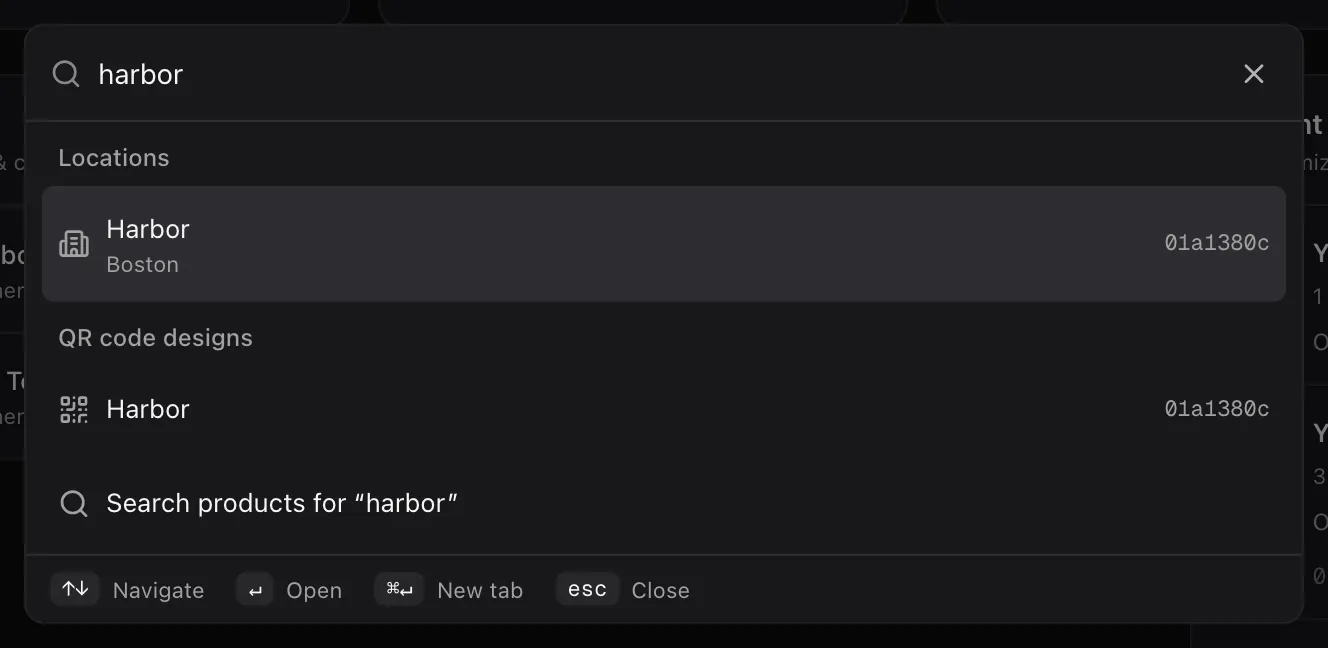 The search box open with “harbor” typed: the Harbor location and its QR code design, and a search of the products for the same word.