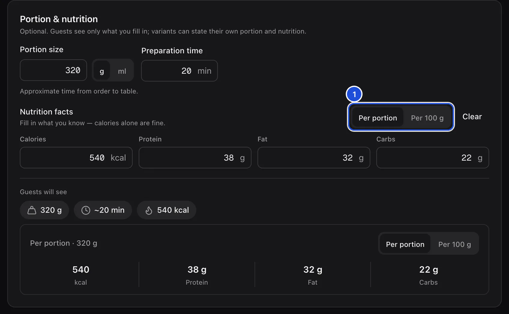The Portion & nutrition section: a 320 g portion, 20 minutes to prepare, and calories, protein, fat and carbs stated per portion, with what guests will see.
