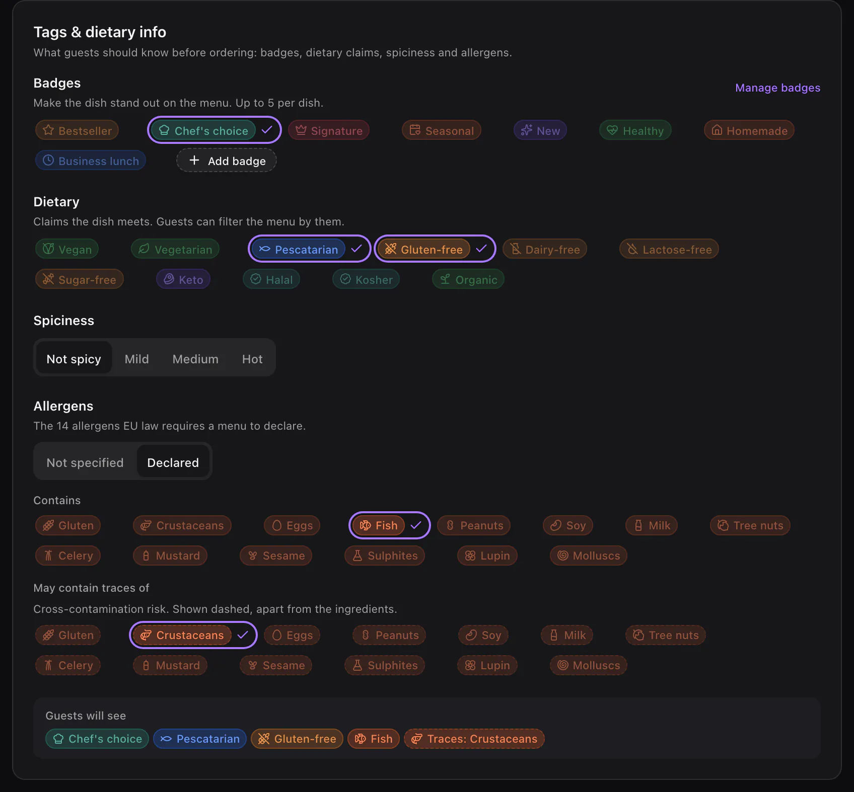 The Tags & dietary info section of a grilled salmon: Chef's choice badge, Pescatarian and Gluten-free, not spicy, fish declared and traces of crustaceans, with the preview of what guests will see.