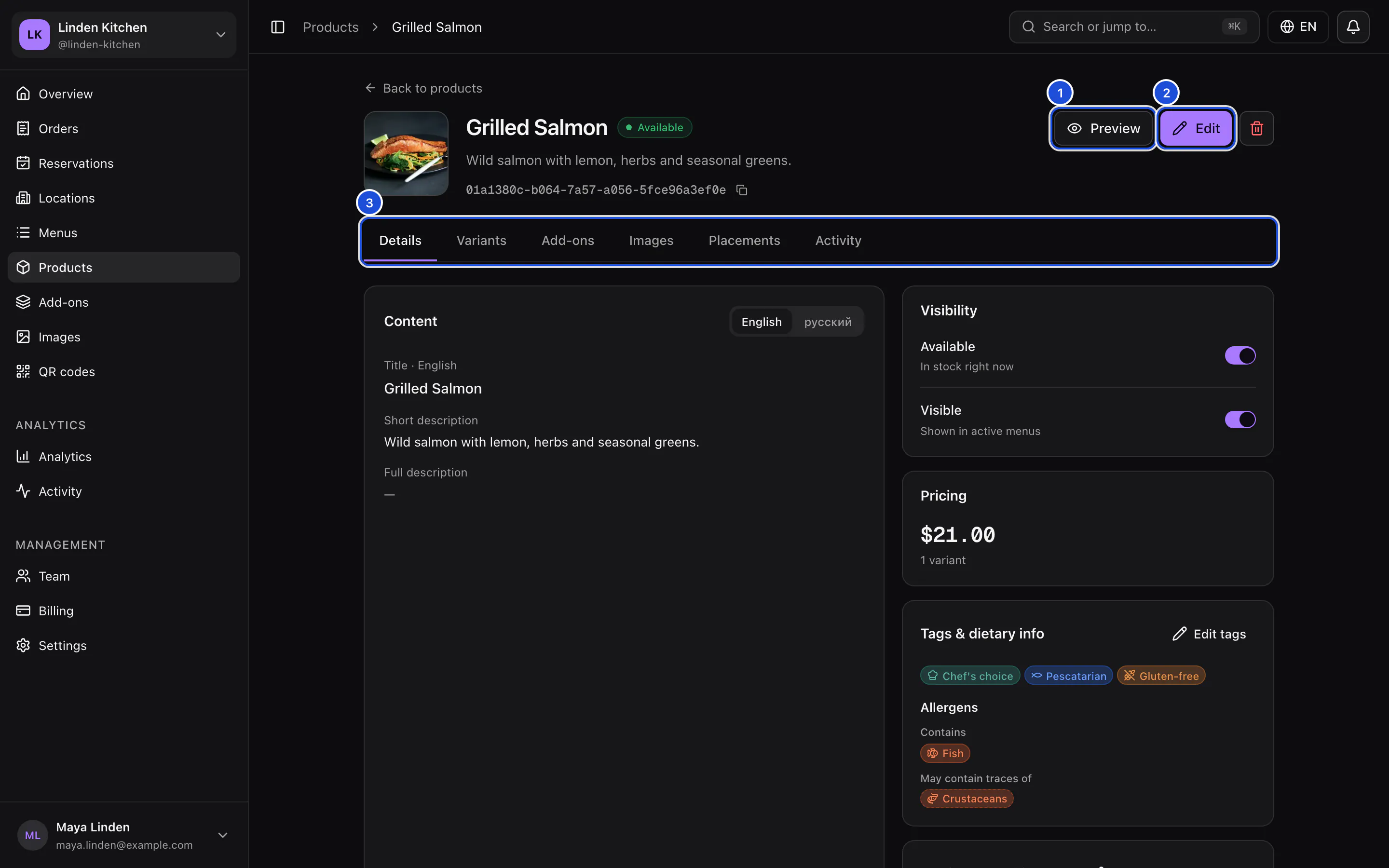 The Grilled Salmon page: photo, name and status, the Preview and Edit buttons, and the Details tab with content, visibility, pricing and tags.