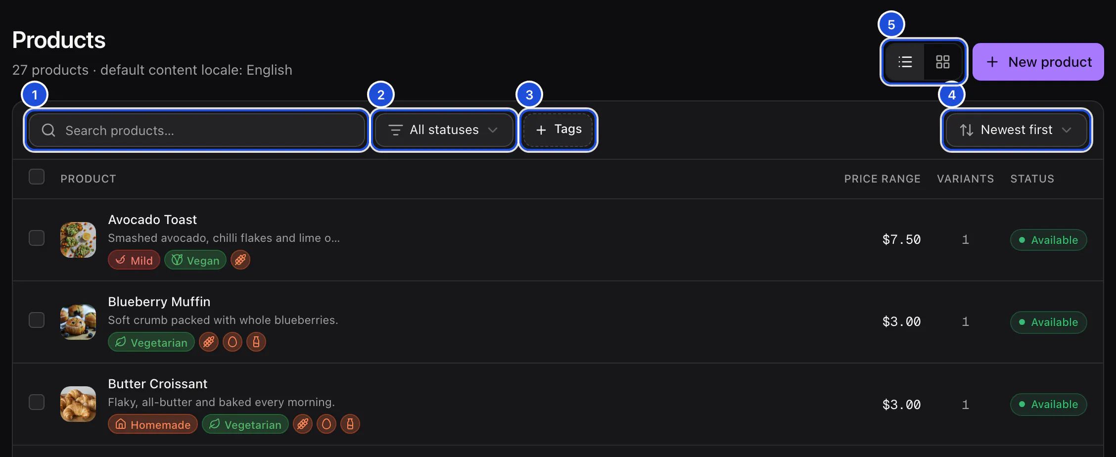The Products list toolbar above the table: search, status filter, Tags filter, sort and the table or grid switch.