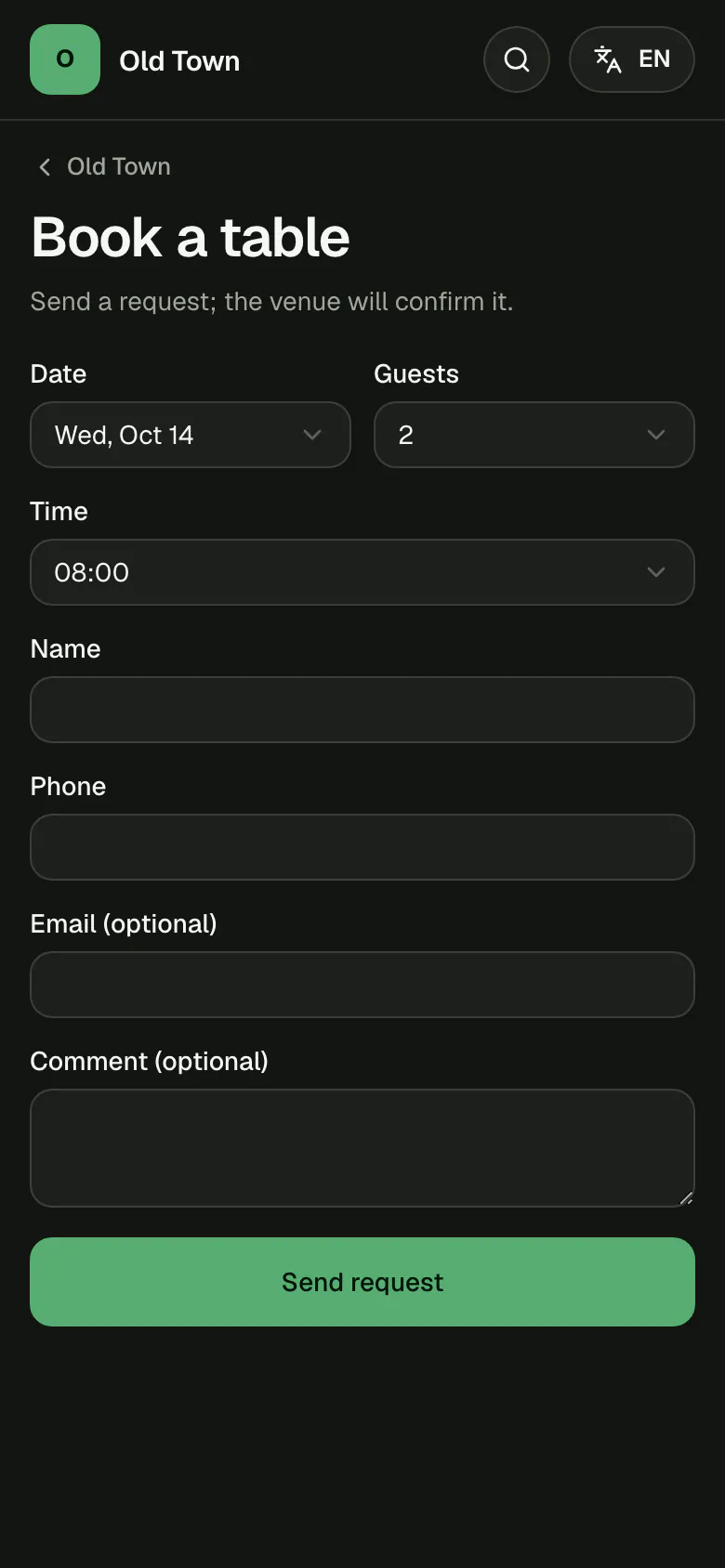 The Book a table page of the Old Town location on a guest's phone: the date, the number of guests, the time, then name, phone, email and comment, and the Send request button.