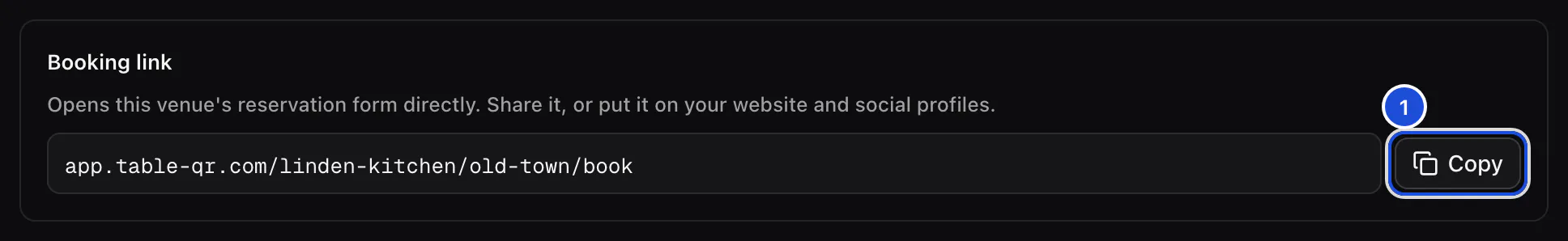 The booking link of the Old Town location, with its Copy button.