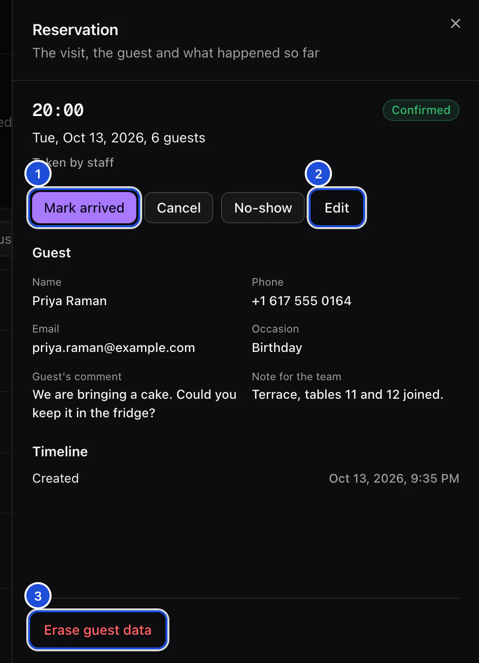 A confirmed reservation for six guests tonight: the guest's details and comment, a note for the team, the timeline and the buttons to move it on.