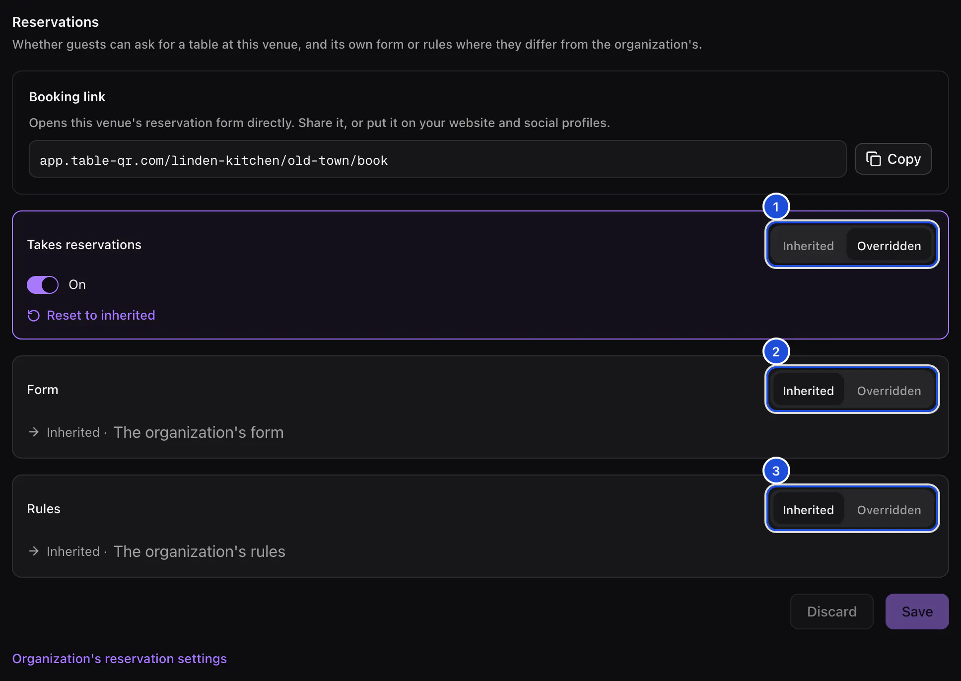 A location's Reservations tab: its booking link, reservations switched on for this location only, and the form and rules inherited from the organization.