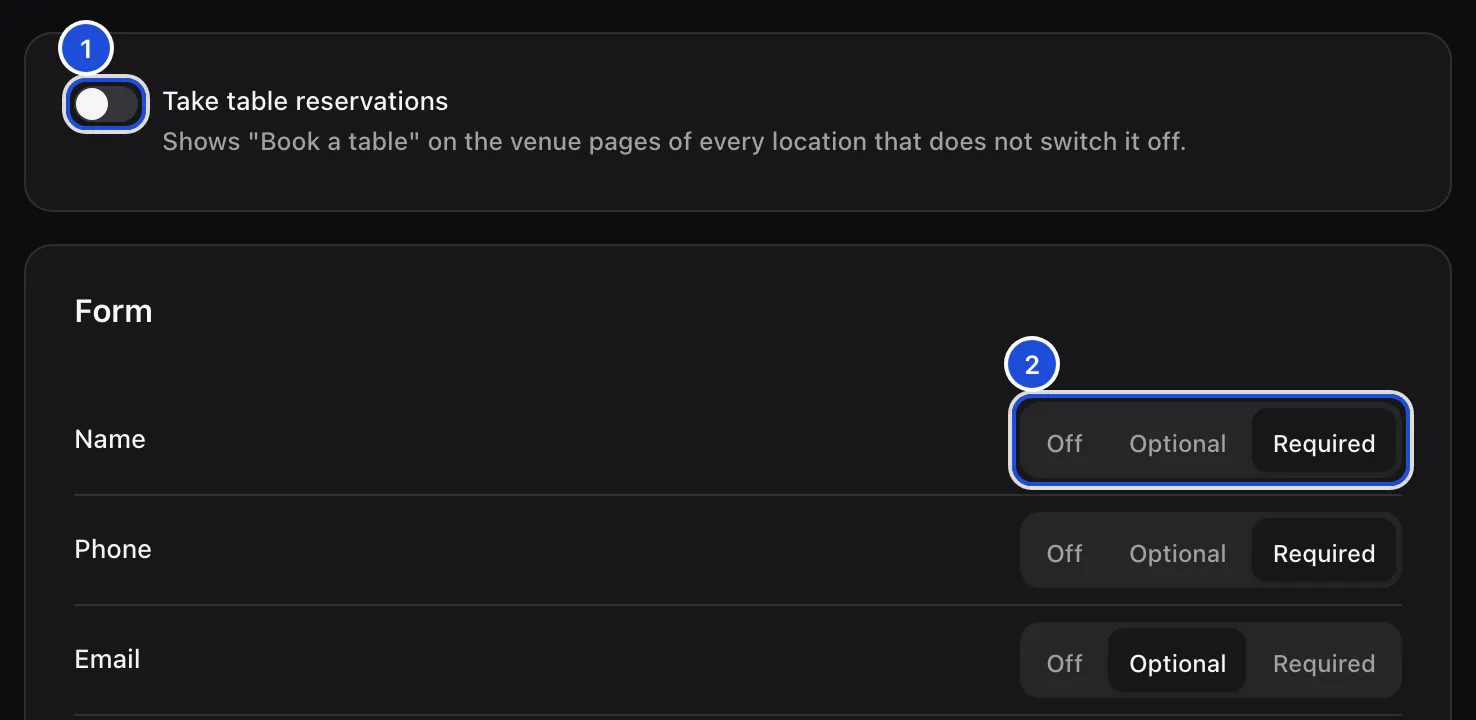 Settings, Reservations: the switch that takes table reservations, and the first questions of the form with their Off, Optional and Required choices.